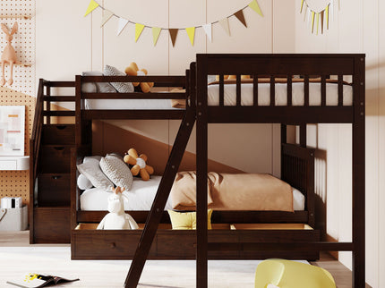 Solid L Shaped Bunk Bed With 3 Drawers, Ladder And Staircase