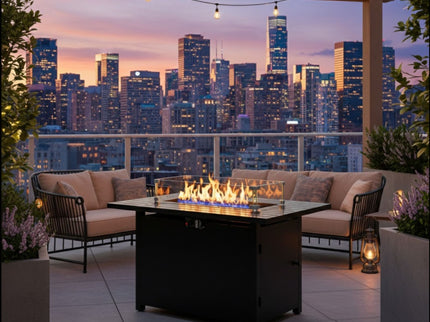 Outdoor 2 In 1 Gas Fire Pit Table With Lid & Glass Shield, Stainless Burner, Lava Rock, Rectangular Design - Black