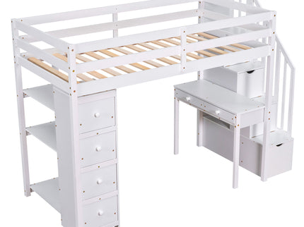 Loft Bed With Storage Drawers, Desk And Stairs With Shelves