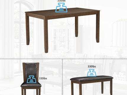 6 Piece Dining Table Set & Bench And Chairs For Dining Room - Dark Walnut