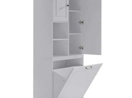Modern Tall Storage Cabinet With Adjustable Shelves, Flip-Out Basket & Enclosed Doors
