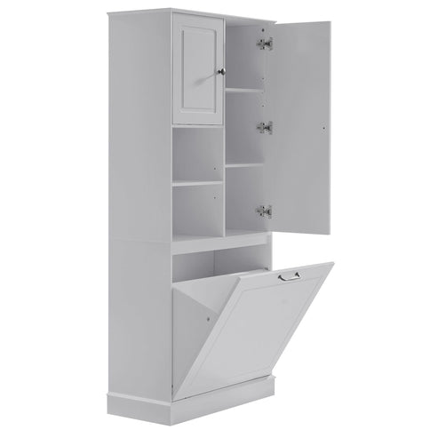 Modern Tall Storage Cabinet With Adjustable Shelves, Flip-Out Basket & Enclosed Doors