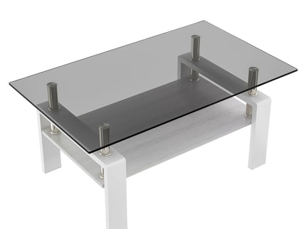 Modern Rectangular Coffee Table With Tempered Transparent Glass Top And Storage Shelf