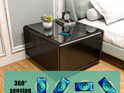 Modern Smart Side Table With Built-In Fridge, Wireless Charging, Temperature Control, Power Socket, USB Ports, Outlet Protection, Induction Light