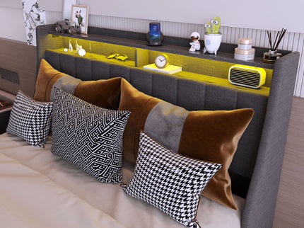 Bed With LED Lights, 4 Drawers, Winged Headboard Upholstered