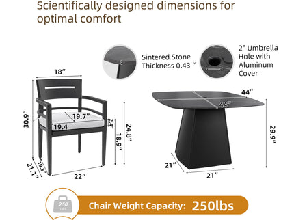 Outdoor Patio Dining Set, Squircle Dining Table, Dining Chairs With Sunbrella Cushions