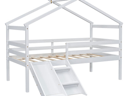 Low Loft House Bed With Slide, Ladder, Safety Guardrails, House Roof Frame