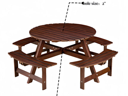 8 Person Round Picnic Table With 4 Built In Benches, Umbrella Hole For Garden - Brown