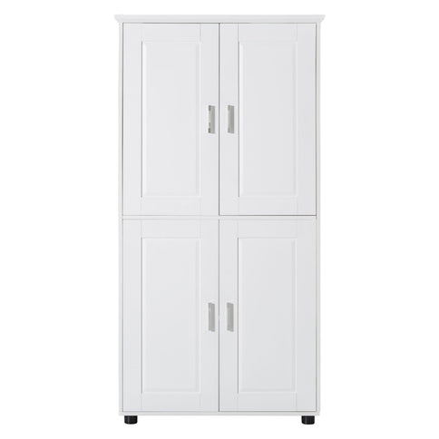 Tall And Wide Bathroom Floor Storage Cabinet With 4 Doors, Adjustable Shelves - White