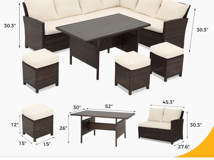 7 Piece Patio Dining Set With Cushions, Modular Sectional Sofa & Storage Table