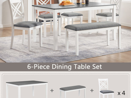 6 Piece Kitchen Dining Set, Rectangular Dining Table With 4 Upholstered Chairs And Bench - Gray / White