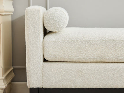 Elegant Upholstered Bench, Daybed, Ottoman With Wood Legs & Bolster Pillows - Ivory Boucle