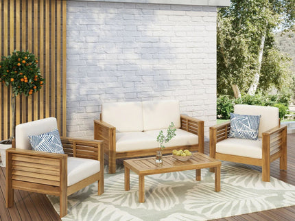 Acacia Wood Loveseat And Coffee Table Set With Cushions