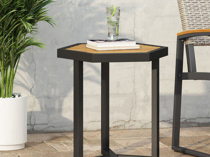Outdoor Side Table With Iron Base And Slatted Top - Brown
