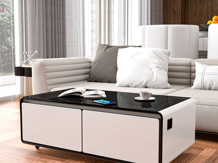 Modern Smart Coffee Table With Built-In Fridge, tooth Speaker, Wireless Charging Module, Touch Control Panel, Power Socket, USB Interface, Outlet Protection, Atmosphere Light
