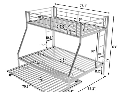 Bunk Bed With Steel Frame And Trundle, 2 Side Ladders