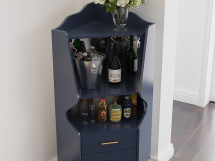 Corner Bar Cabinet With Mirrored Back, 2 Open Shelves & 2 Drawers, High Legs For Easy Cleaning
