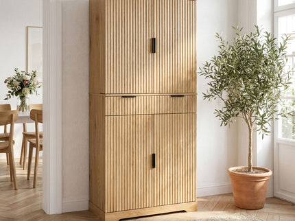 Fluted Kitchen Pantry Cabinet With 3 Keyboard Drawers & 6 Door Shelves Adjustable