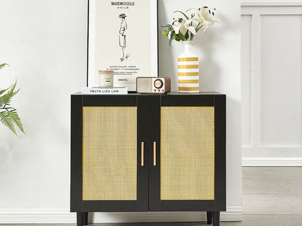 Side Panel Buffet Cabinet With Natural Rattan Door, Rattan Storage Cabinet With Adjustable Shelves, Side Panel And Buffet With Storage Space, Modern Console Cabinet In Bedroom And Living Room - Black / Beige