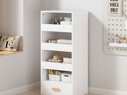 4 Tier Freestanding Bookshelf With 3 Sliding Drawers And 1 Bottom Drawer - White