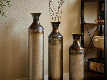 Modern Droplet Shaped Floor Vase Set, Glazed Metal Decorative Vases 3 Piece Home Accent For Living Room - Gold / White