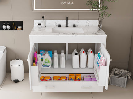 43" Bathroom Vanity With Artificial Marble Carrara Top Set, Multi Functional Bathroom Cabinet With Doors And Drawer - White