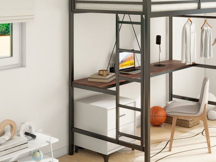 Adam - Twin Loft Bunk Bed With Cinnamon Wood Desk And Closet Rod - Black