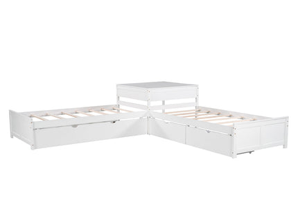 L Shaped Platform Bed With Trundle And Drawers Linked With Built In Desk