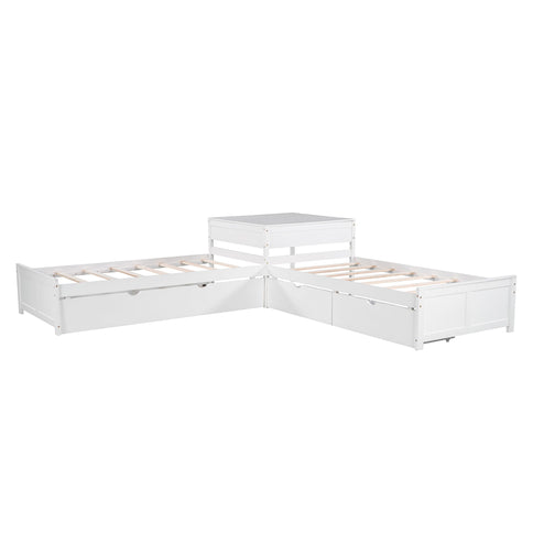 L Shaped Platform Bed With Trundle And Drawers Linked With Built In Desk