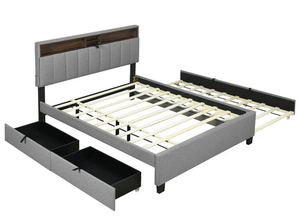Upholstered Platform Bed With Storage Headboard, Trundle & 2 Drawers And A Set Of Sockets & USB Ports