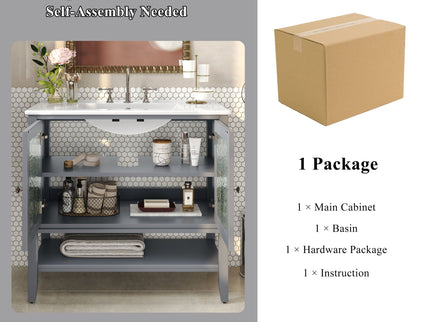 Bathroom Vanity With Ceramic Sink, Adjustable & Open Shelf