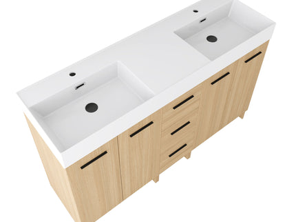 Double Sink Bathroom Vanity With 3 Drawers, Large Storage, Integrated Sink, Freestanding Cabinet, Soft Close Hardware - Glossy White / Light Oak