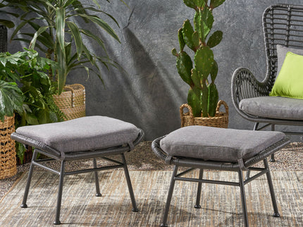 Outdoor Modern Boho Wicker Ottoman With Cushions (Set of 2)
