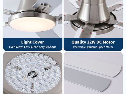 Flush Mount Ceiling Fans With LED Light And Remote Control, 5 Blades