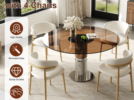 Round Dining Table With Tempered Glass Top - Brown