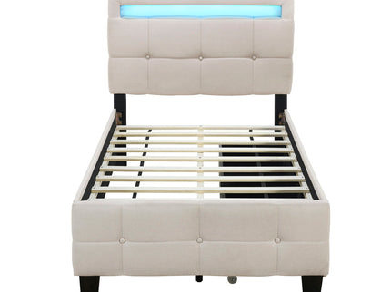 Upholstered Platform Bed With LED Frame, With Trundle And 2 Drawers