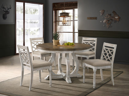 Havanna - 5 Piece Wide Round Dining Table With Off White Chairs (Set of 5) - Vintage Walnut