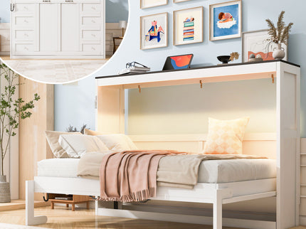 Murphy Bed With LED Light, Foldable Wall Bed Cabinet