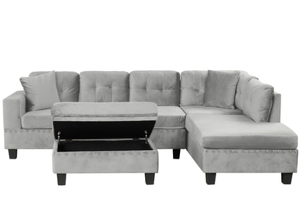 Modern Sectional Sofa With Storage Ottoman, L - Shape Couch With 2 Pillows And Cup Holders