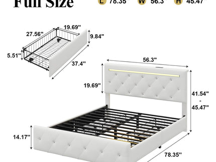Upholstered Bed Frame With LED Lights, 4 Storage Drawers, Charging Station