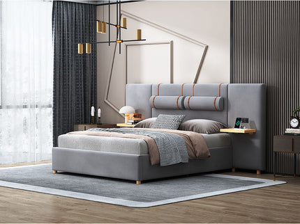 Upholstered Platform Bed, 2 Outlets And USB Charging Ports On Both Sides, 2 Bedside Pillows, Storage Shelves