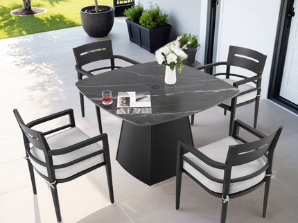Outdoor Patio Dining Set, Squircle Dining Table, Dining Chairs With Sunbrella Cushions