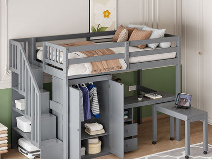 Loft Bed With Stairs, Bookshelf, Drawers, Desk & Wardrobe, Space Saving Multifunctional Furniture
