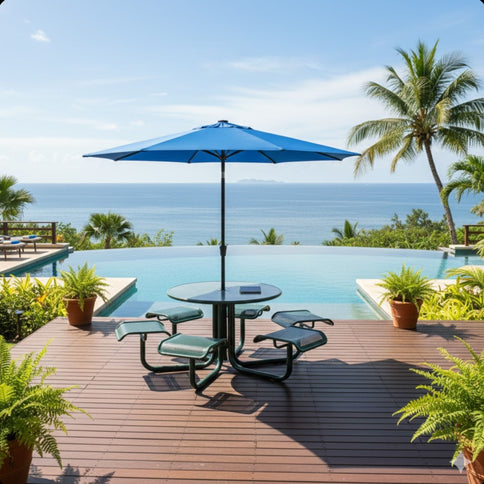 Solar LED Patio Umbrella With Crank Lift And Tilt, 8 Ribs, UV Resistant Canopy For Pool, Backyard & Patio (Without Base) - Blue