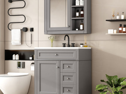 Bathroom Vanity With Top Sink, Freestanding Storage Cabinet With 2 Doors And 3 Drawers, Mirror Cabinet Included - Gray