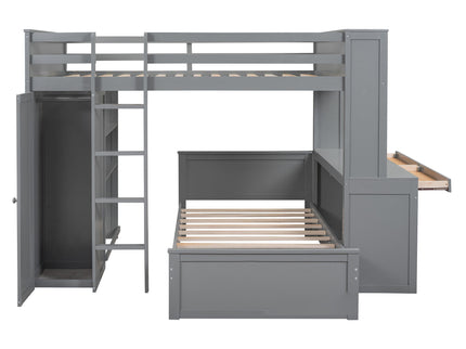 Loft Bed With A Twin Size Standalone Bed, Shelves, Desk, And Wardrobe