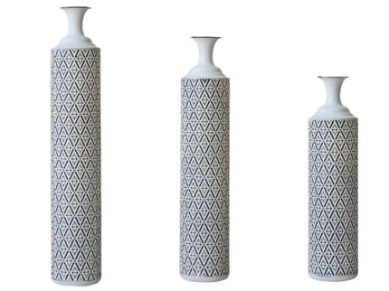 Modern Floor Vase Set Metal Vases With Geometric Pattern, 3 Piece Home Decor Set - White / Black