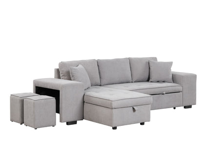 Modern L-Shape 3 Seat Reversible Sectional Couch, Pull Out Sleeper Sofa With Storage Chaise And 2 Stools For Living Room Furniture Set