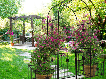 Metal Garden Arch With Gate High Climbing Plants Support Rose Arch Outdoor - Black