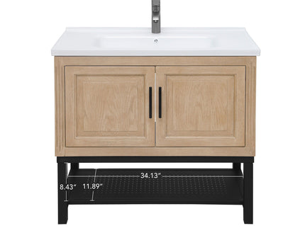 Modern Freestanding Bathroom Vanity With Ceramic Sink, Hot And Cold Faucet, Storage Cabinet & Open Shelf